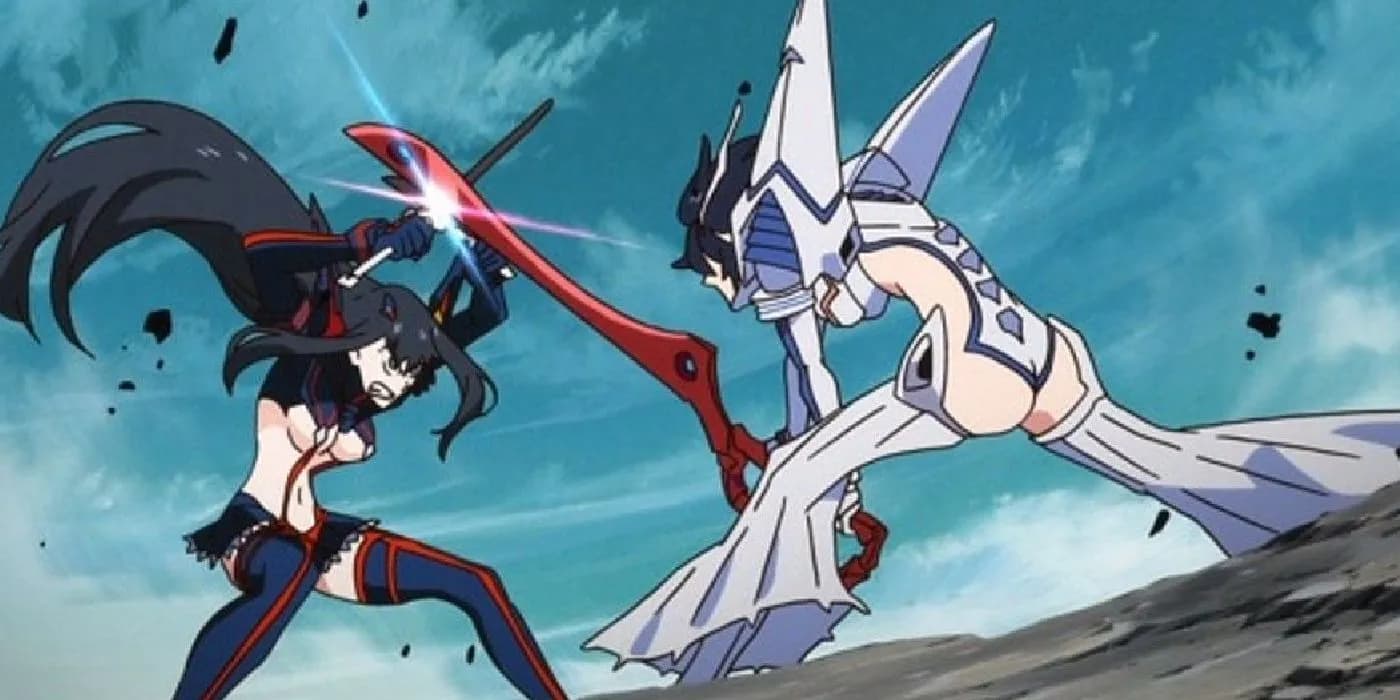Рюко Матой и Сацуки Кирюин сталкиваются оружием в Kill la Kill.