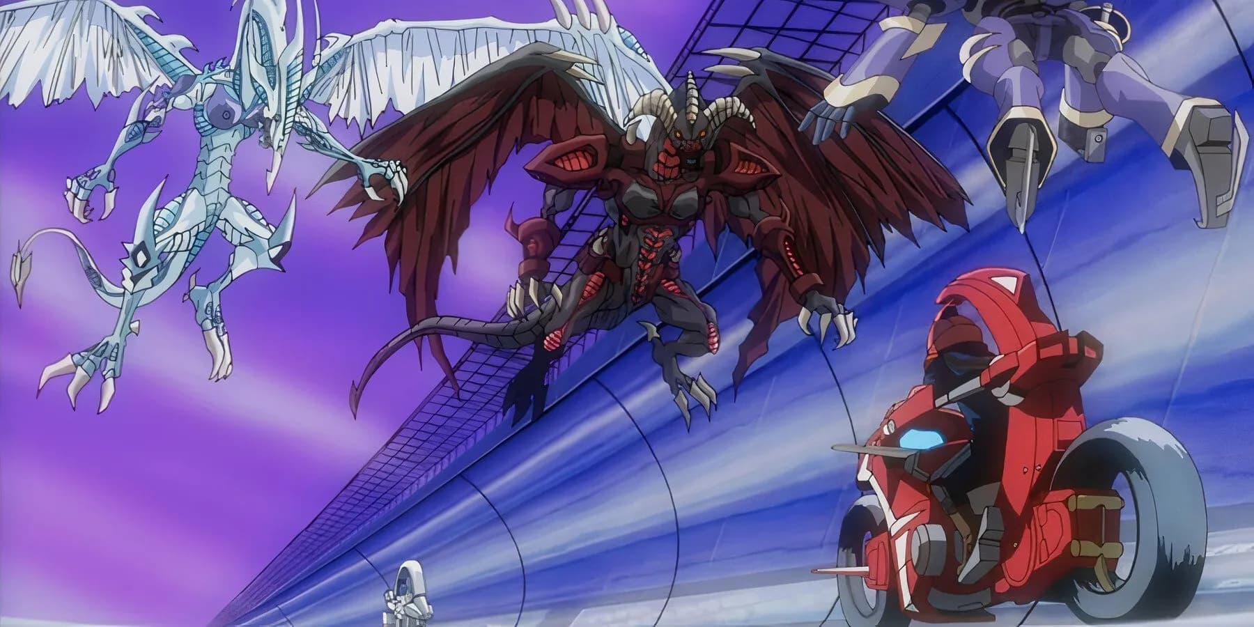 Кадр из аниме Yu-Gi-Oh! 5D's: Юсей мчится на байке, над ним два дракона
