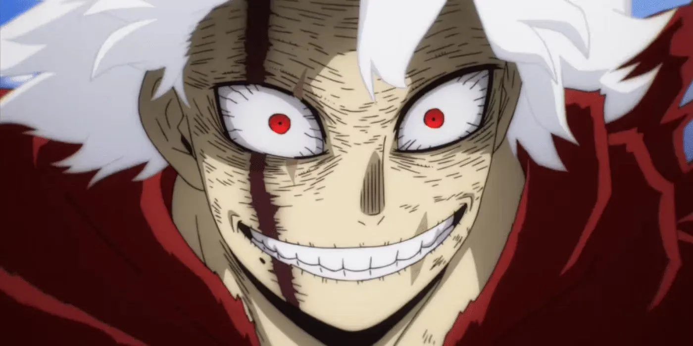 Шигараки с безумной улыбкой во время боя в «Моей геройской академии»