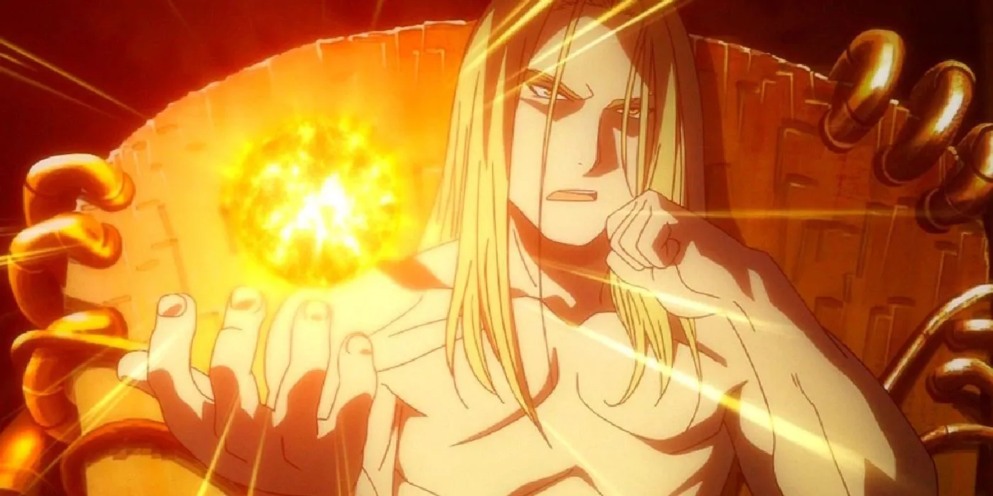 Кадр из аниме «Стальной алхимик: Братство», Отец со скучающим видом и огненным шаром над ладонью