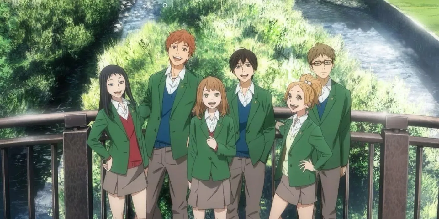 Кадр из аниме «Оранж», группа друзей на мосту