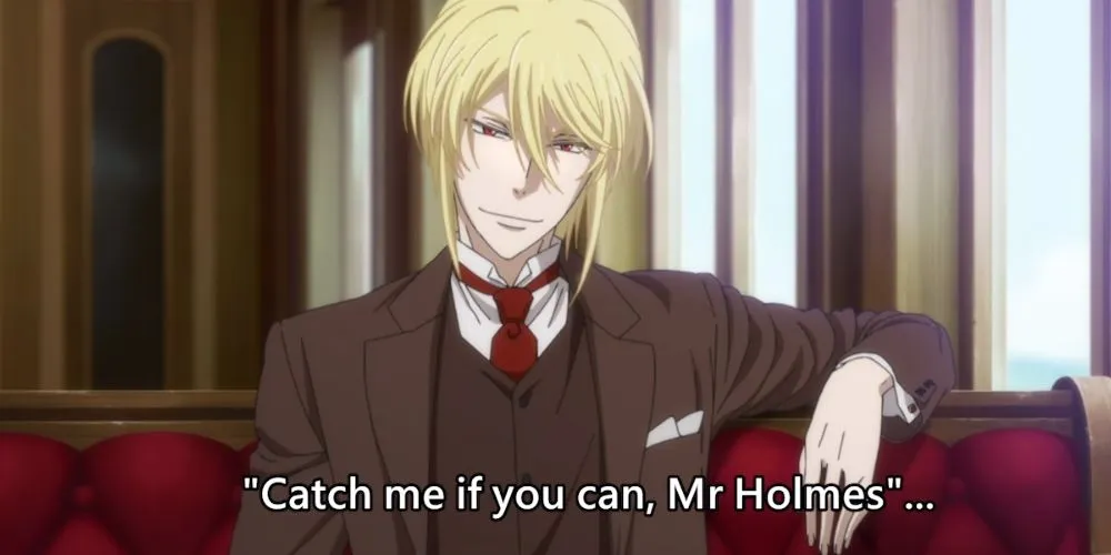 Кадр из аниме «Патриотизм Мориарти», Мориарти разговаривает с Шерлоком Холмсом