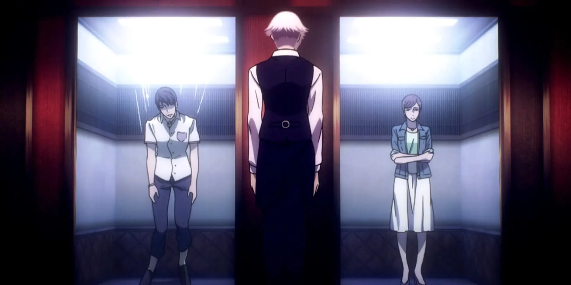 Кадр из аниме «Смертельный парад», гости перед вратами рая и ада