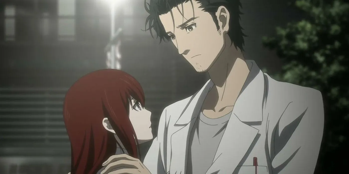 Кадр из аниме «Врата Штейна», Окабэ и Курису смотрят друг на друга