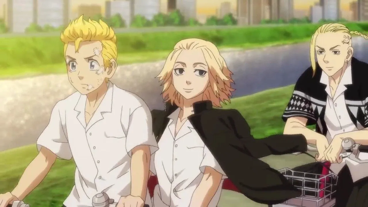 Кадр из аниме «Токийские мстители», Такэмити, Майки и Дракен на велосипедах