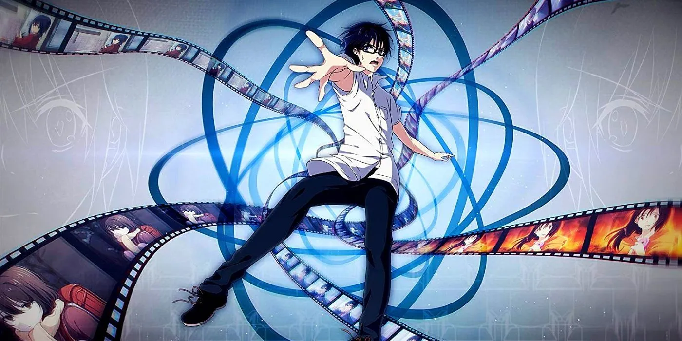 Кадр из аниме «Город, в котором меня нет», Сатору в окружении плёнок воспоминаний