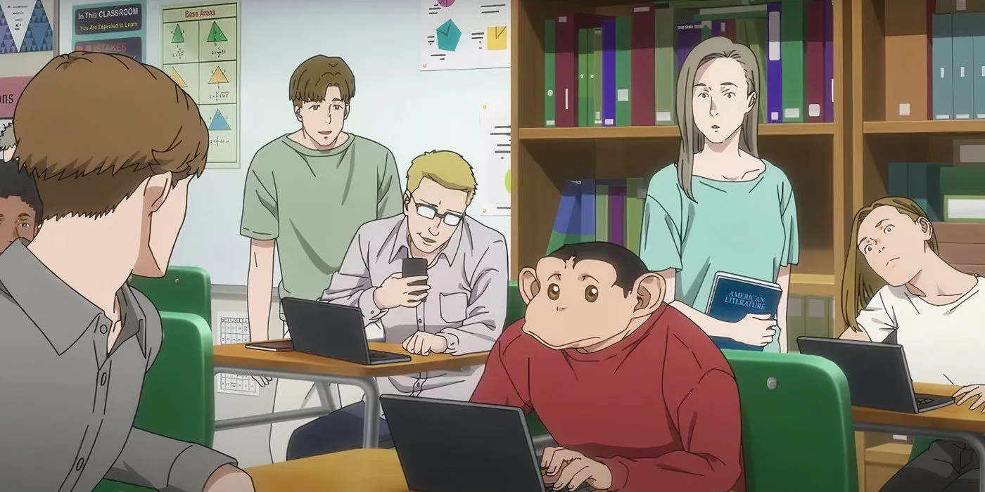 Чарли, получеловек-полушимпанзе, печатает на компьютере в классе, «Инцидент Дарвина»