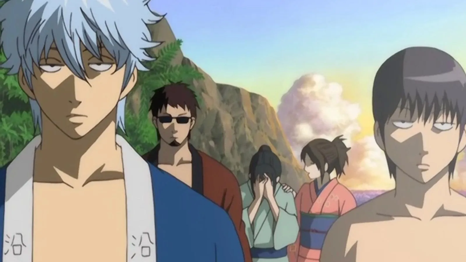 Гинтоки и Синпати на переднем плане, Хасэгава и девушки плачут на заднем, «Гинтама», серия 115