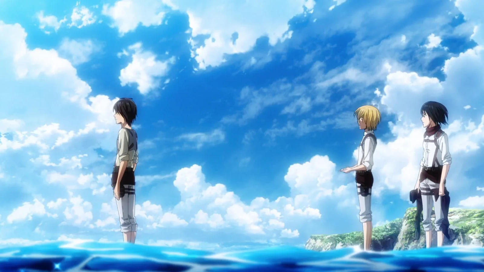 Эрен, Армин и Микаса на берегу моря, «Атака титанов», серия 59