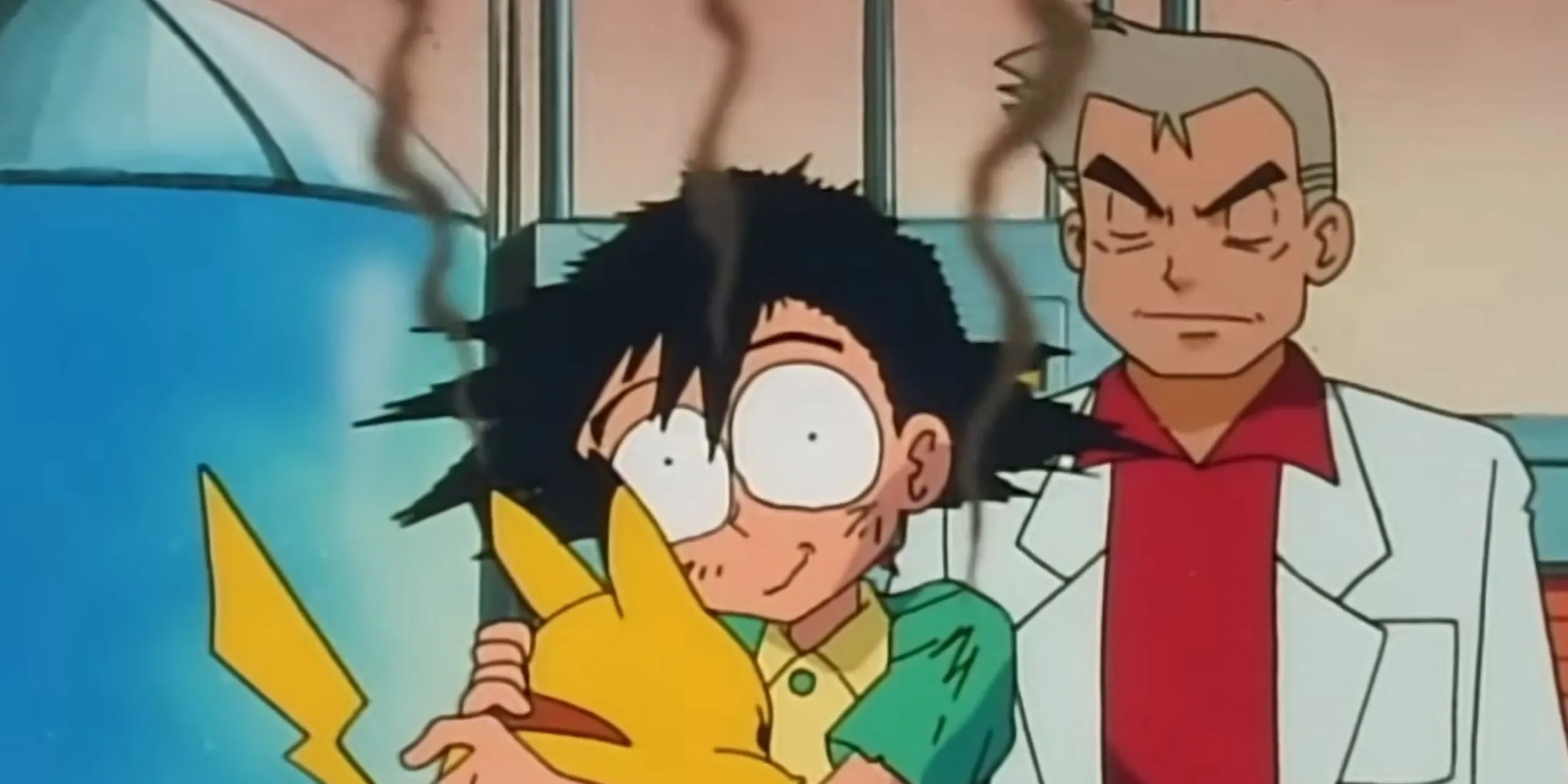 Профессор Оук знакомит Эша с Пикачу в «Покемоне»