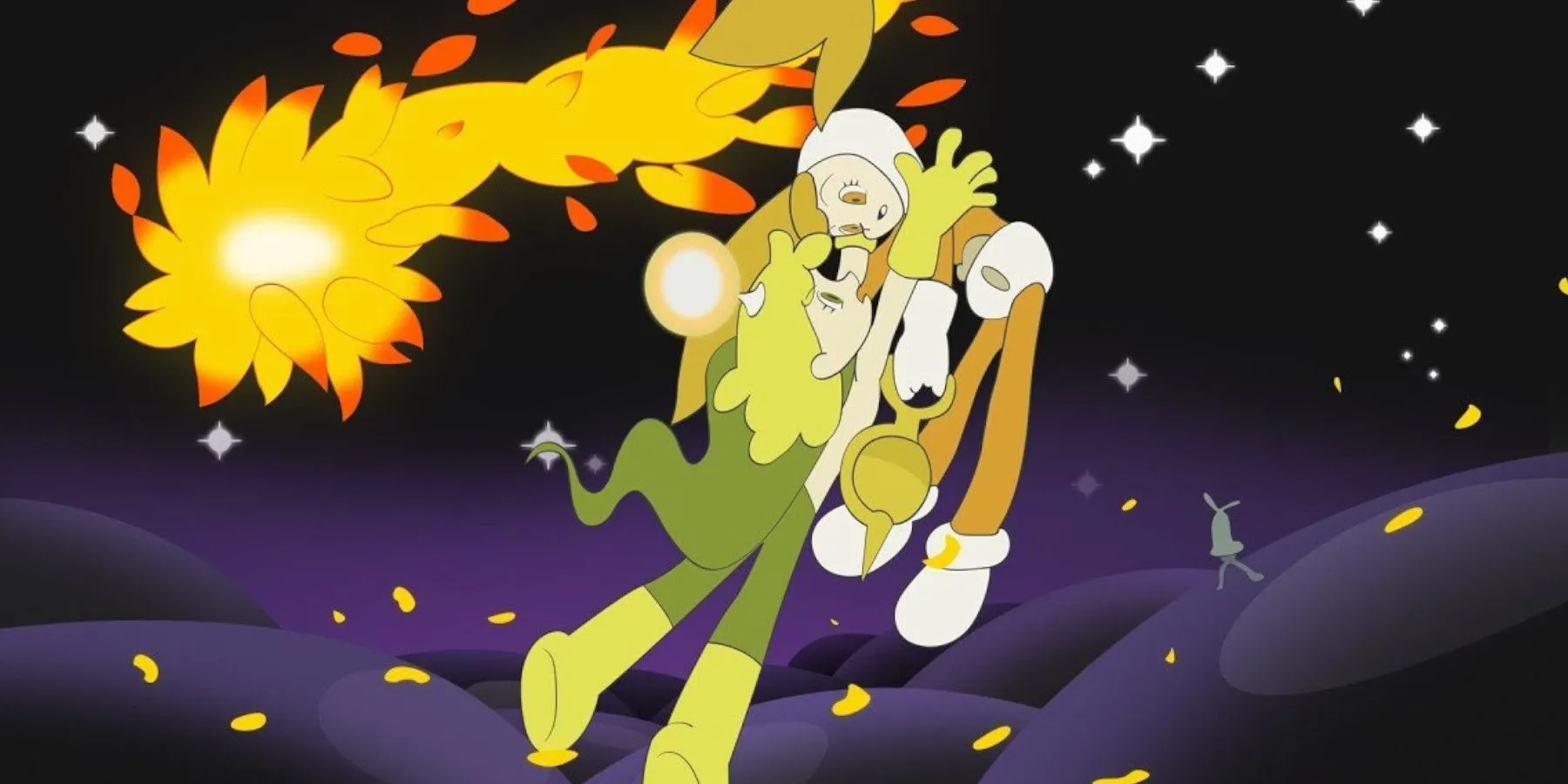 Мужчина с амнезией обнимает незнакомку на фоне звёздного неба в «Кайбе»