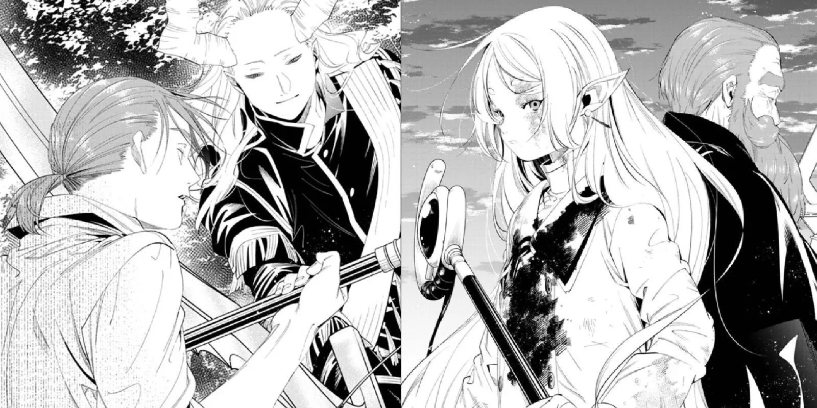 Кадр из манги «Фрирен»,Махт обучает юного Денкена, а Фрирен стоит рядом