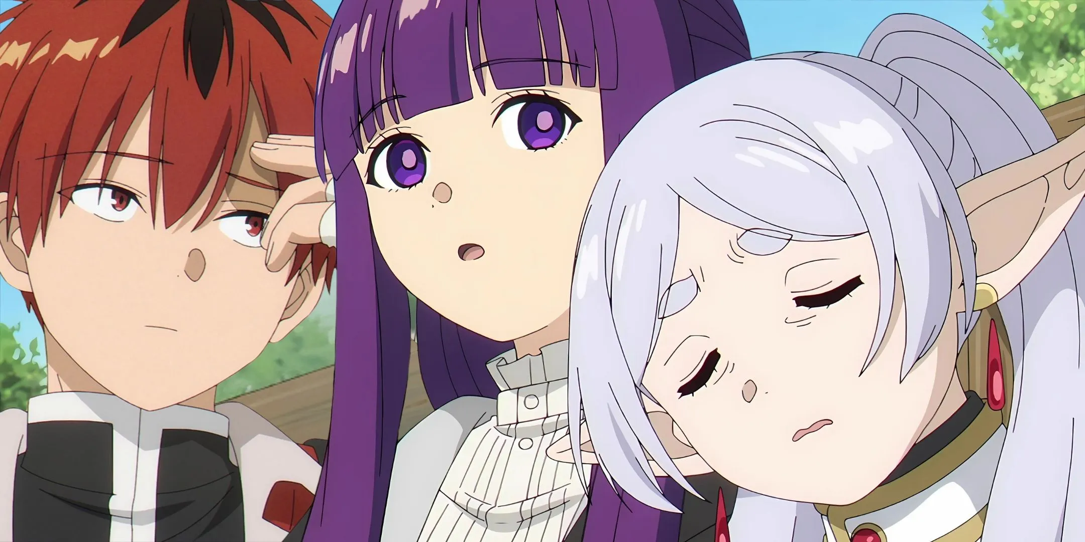 Кадр из аниме «Фрирен»,Штарк, Ферн и уставшая Фрирен в дороге