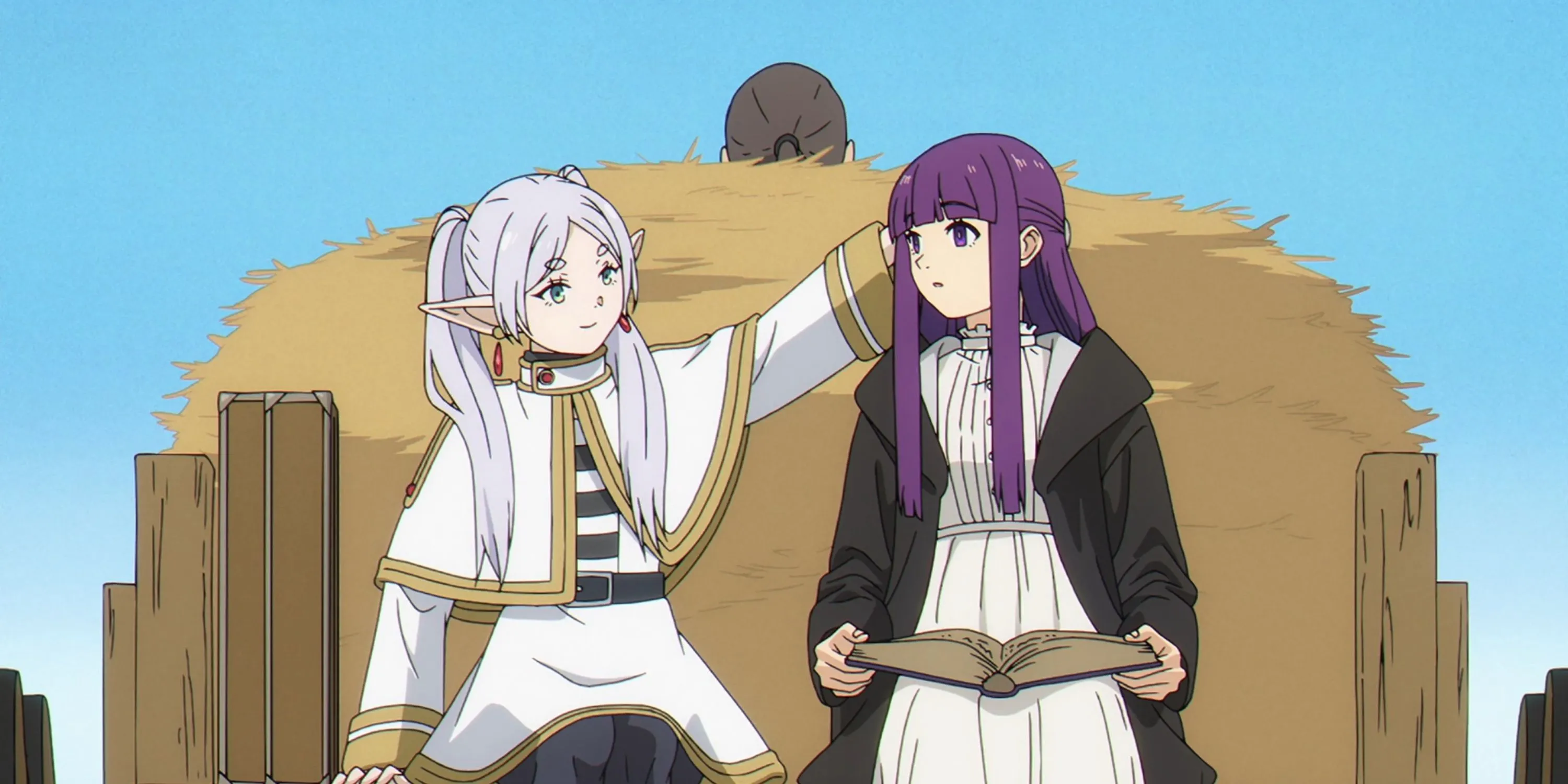 Кадр из аниме «Фрирен»,Фрирен гладит Ферн по голове в повозке