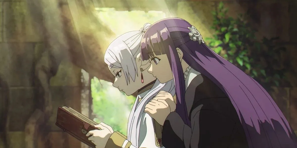 Кадр из аниме «Фрирен»,Фрирен и Ферн вместе читают книгу заклинаний