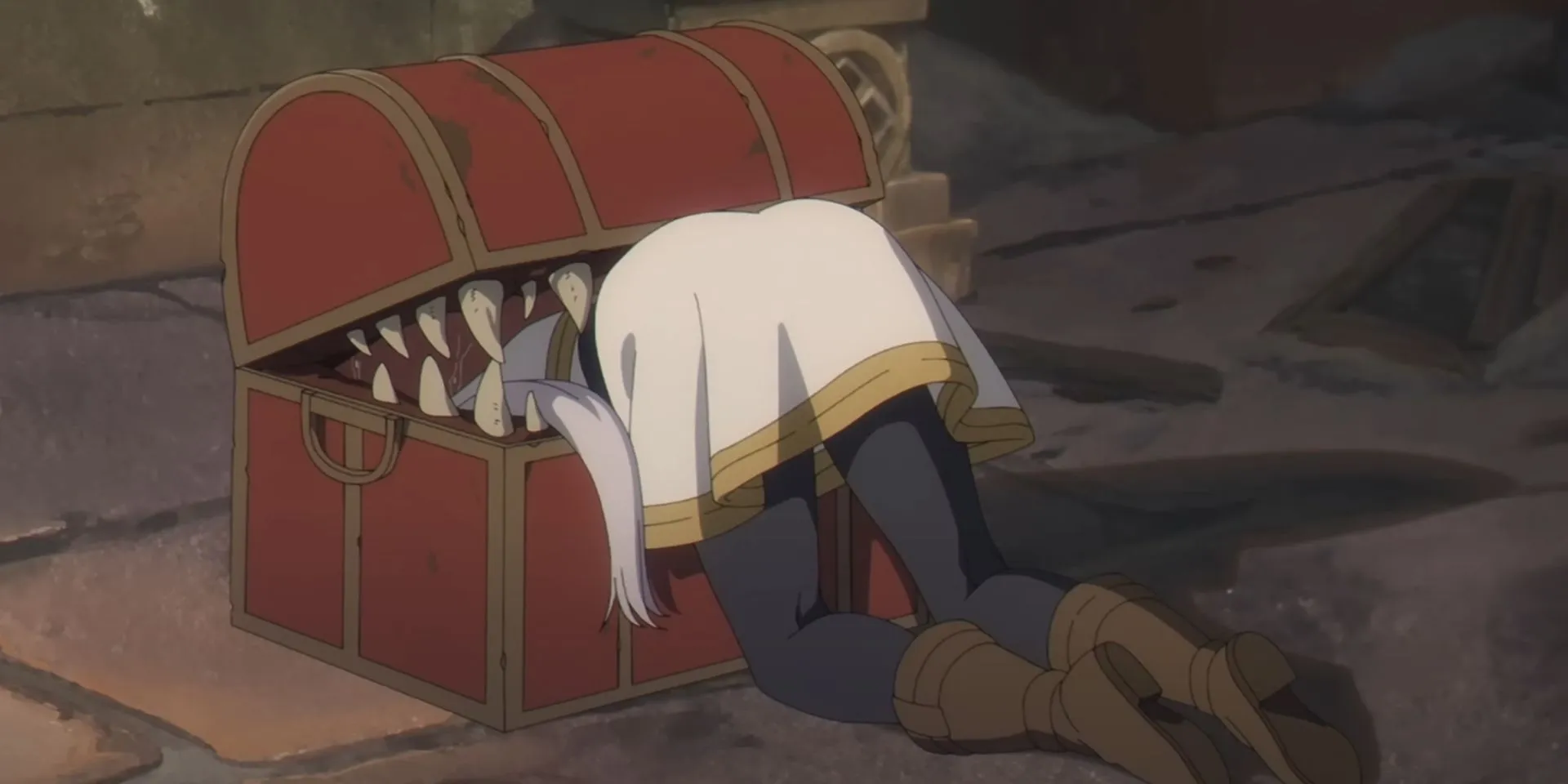 Кадр из аниме «Фрирен»,Фрирен застревает в сундуке-мимике