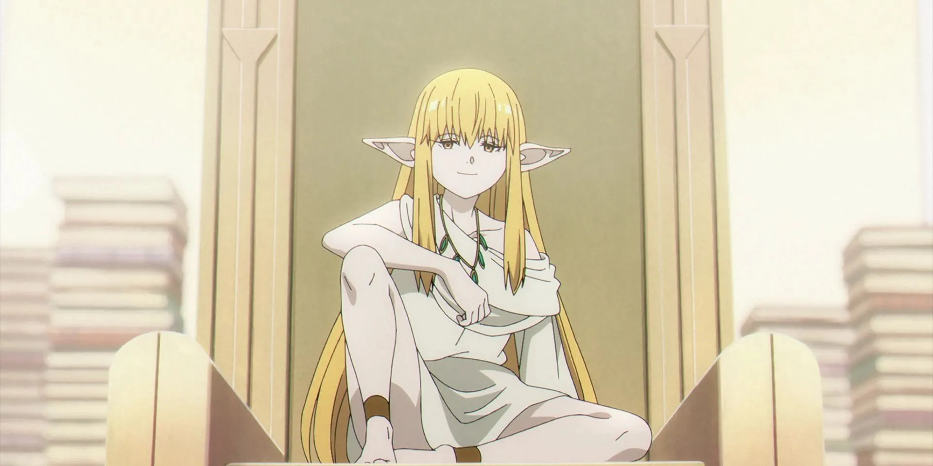 Кадр из аниме «Фрирен»,Зери сидит на троне с самодовольной улыбкой