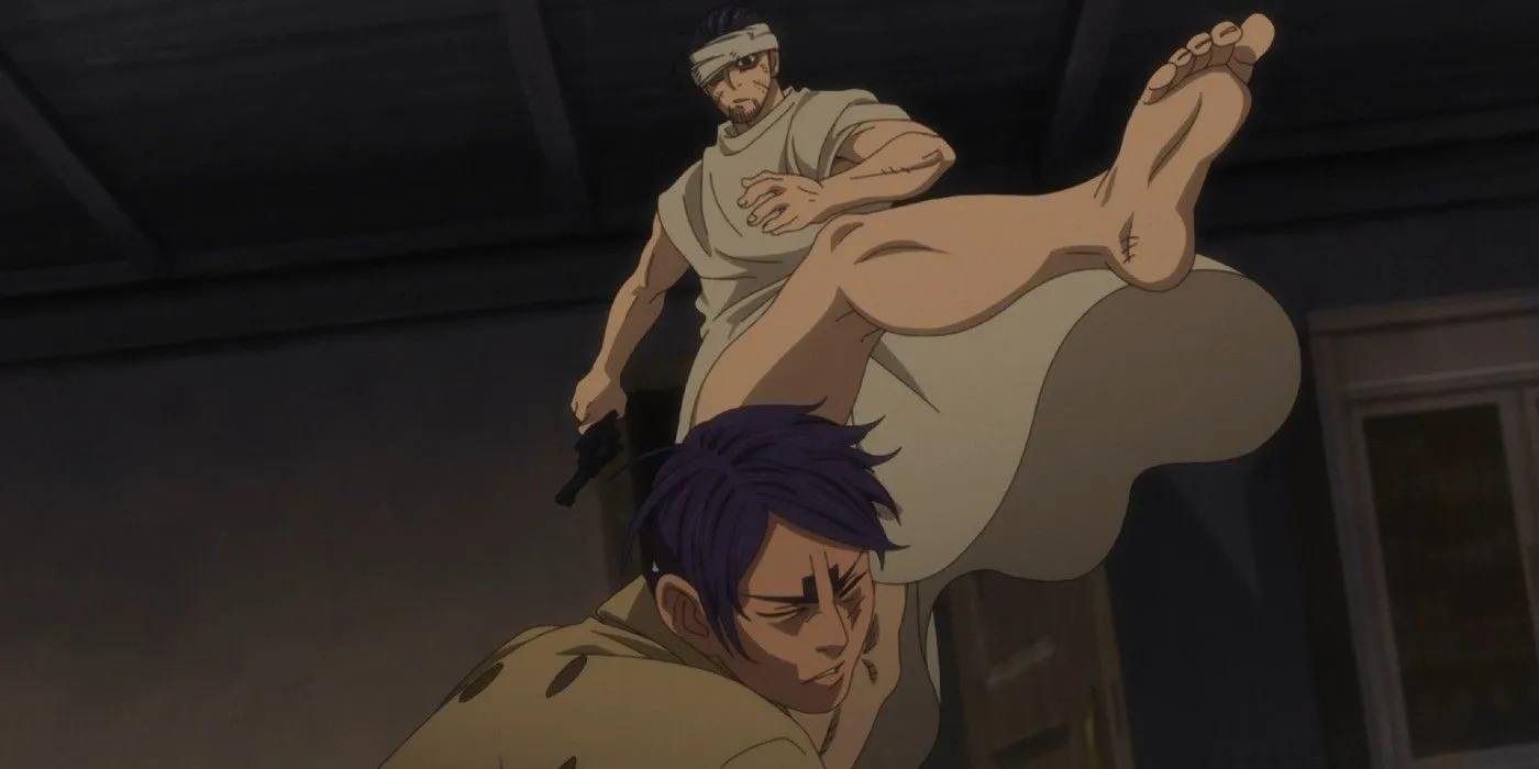 Огата бьёт Които ногой, чтобы сбежать в «Золотом божестве»