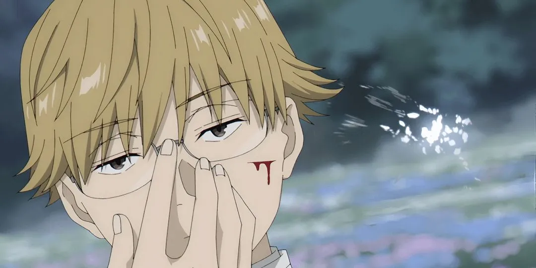 Ланд поправляет очки после попадания заклинания в аниме «Фрирен»