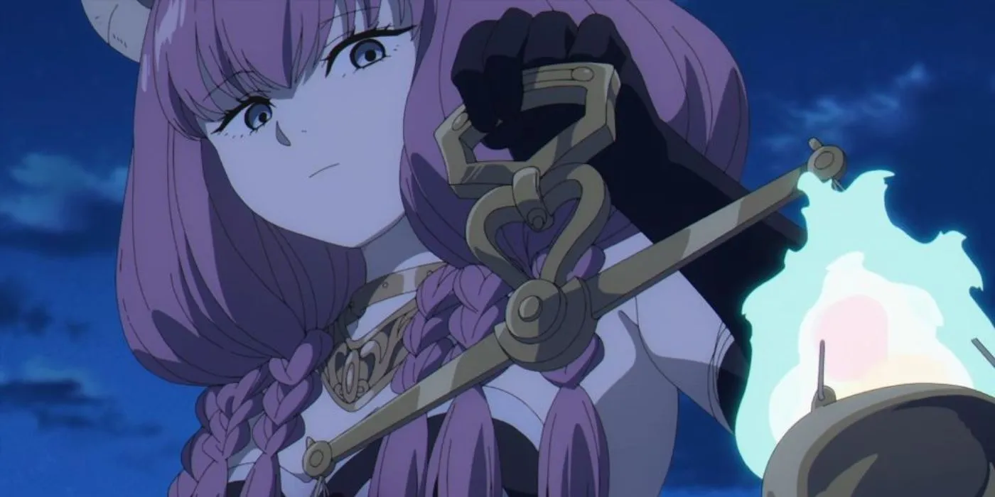 Аура держит весы душ на фоне ночного неба в аниме «Фрирен»