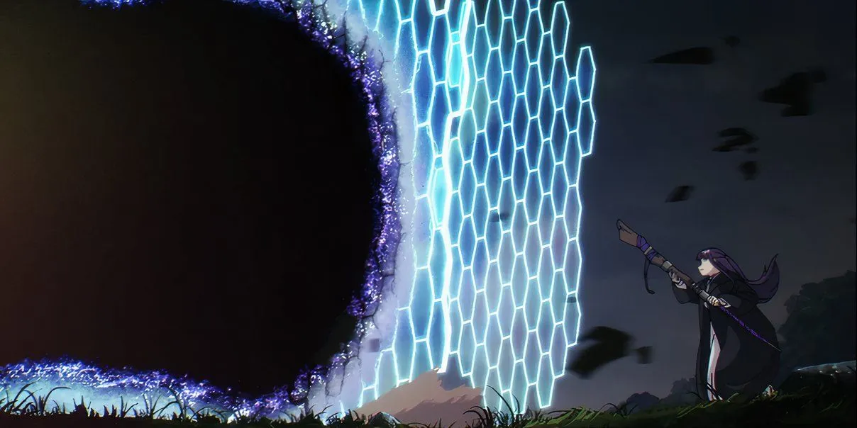 Ферн ставит защитную магию против Зольтраак в аниме «Фрирен»