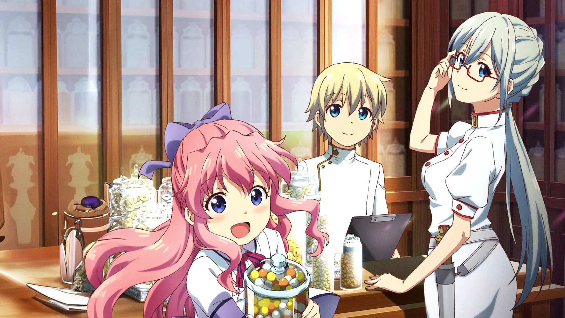 Кадр из аниме «Фармацевт из параллельного мира», главные герои