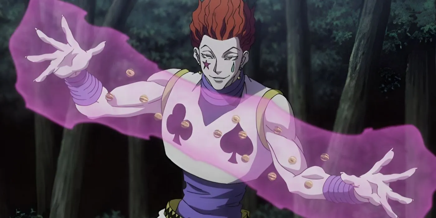 Хисока с устрашающим выражением лица и аурой нэн