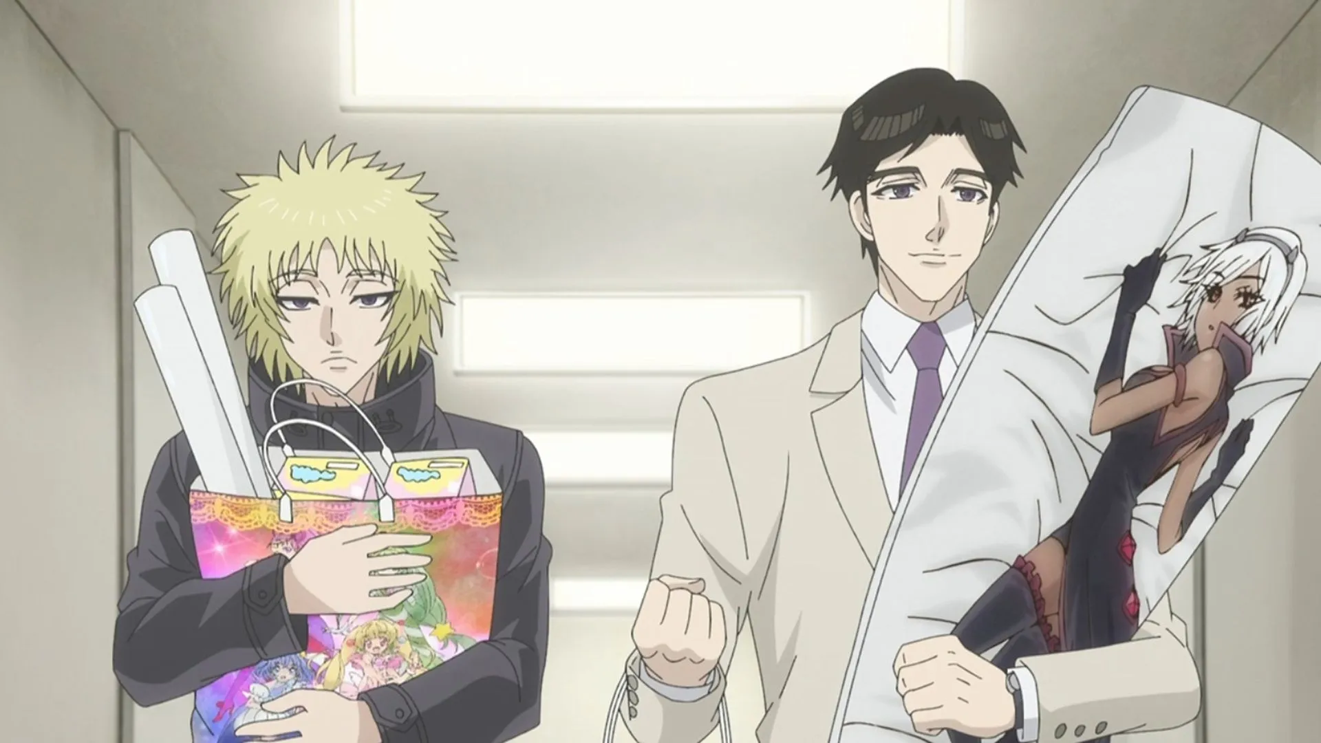 Кадр из аниме «Ниндзя и якудза», Синоха и Кивами с мерчем махо-сёдзё