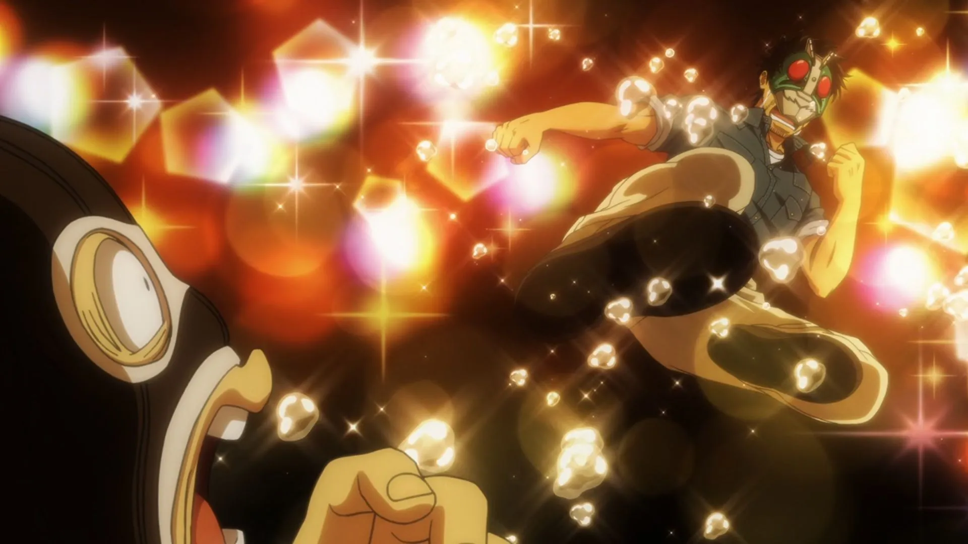 Кадр из аниме «Тодзима хочет стать Наездником в маске», Тодзима выполняет райдер-кик