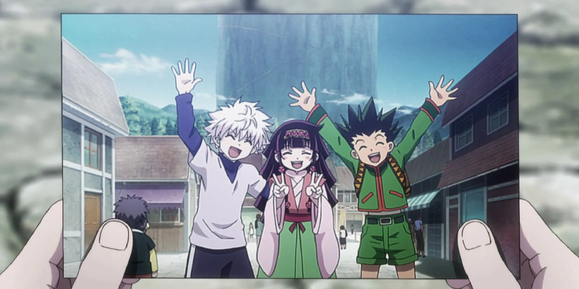 Кадр: Гон, Киллуа и Аллука позируют для фото