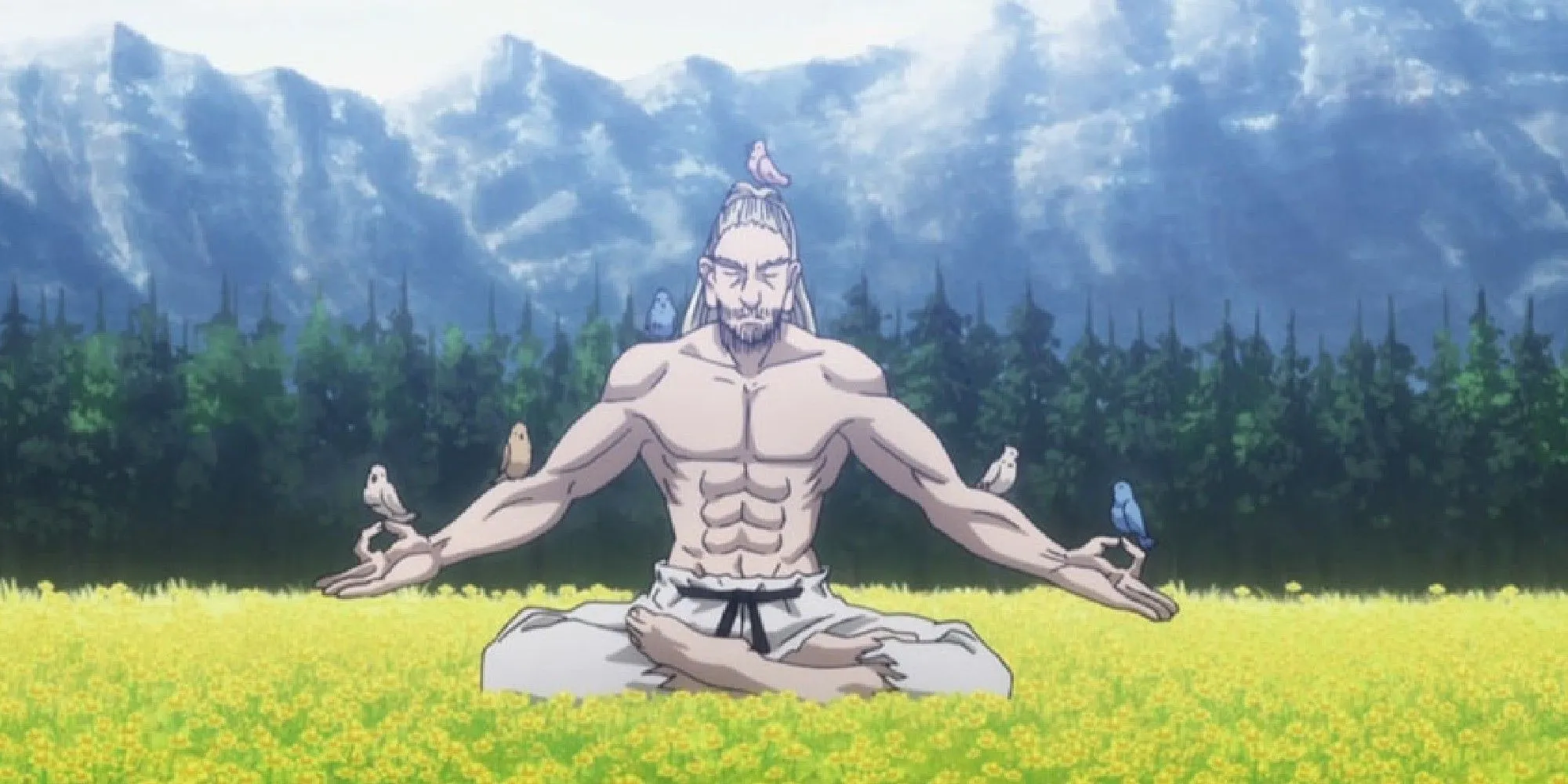 Кадр: Нетеро медитирует с птицами на руках