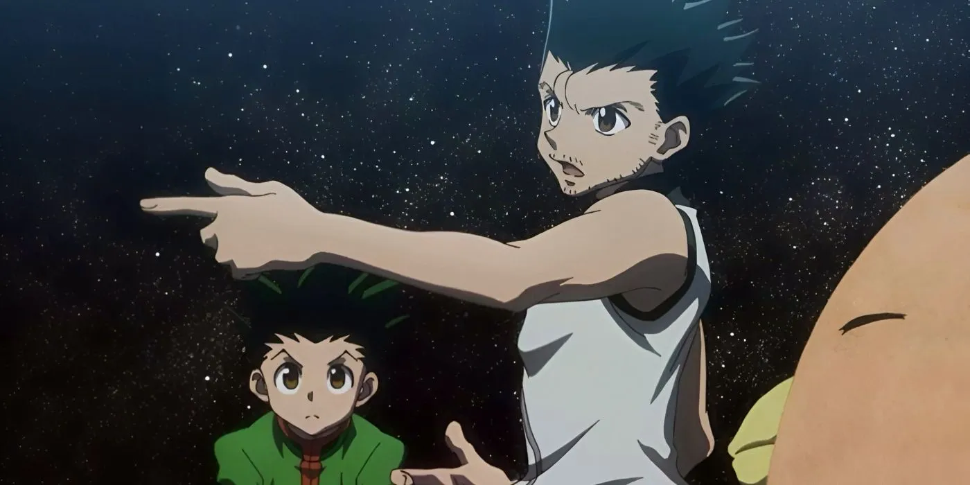 Кадр из аниме «Охотник х Охотник»: Гон и Джин на вершине Мирового Древа