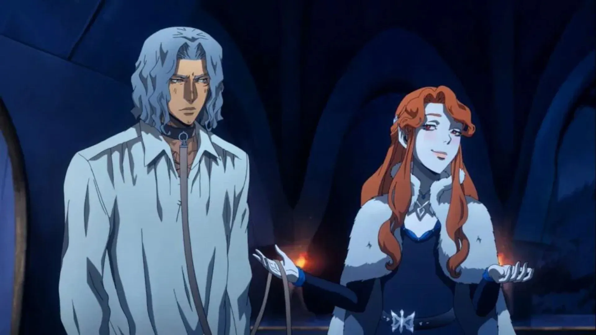 Гектор в ошейнике и уверенная Ленор с поводком в сериале Castlevania