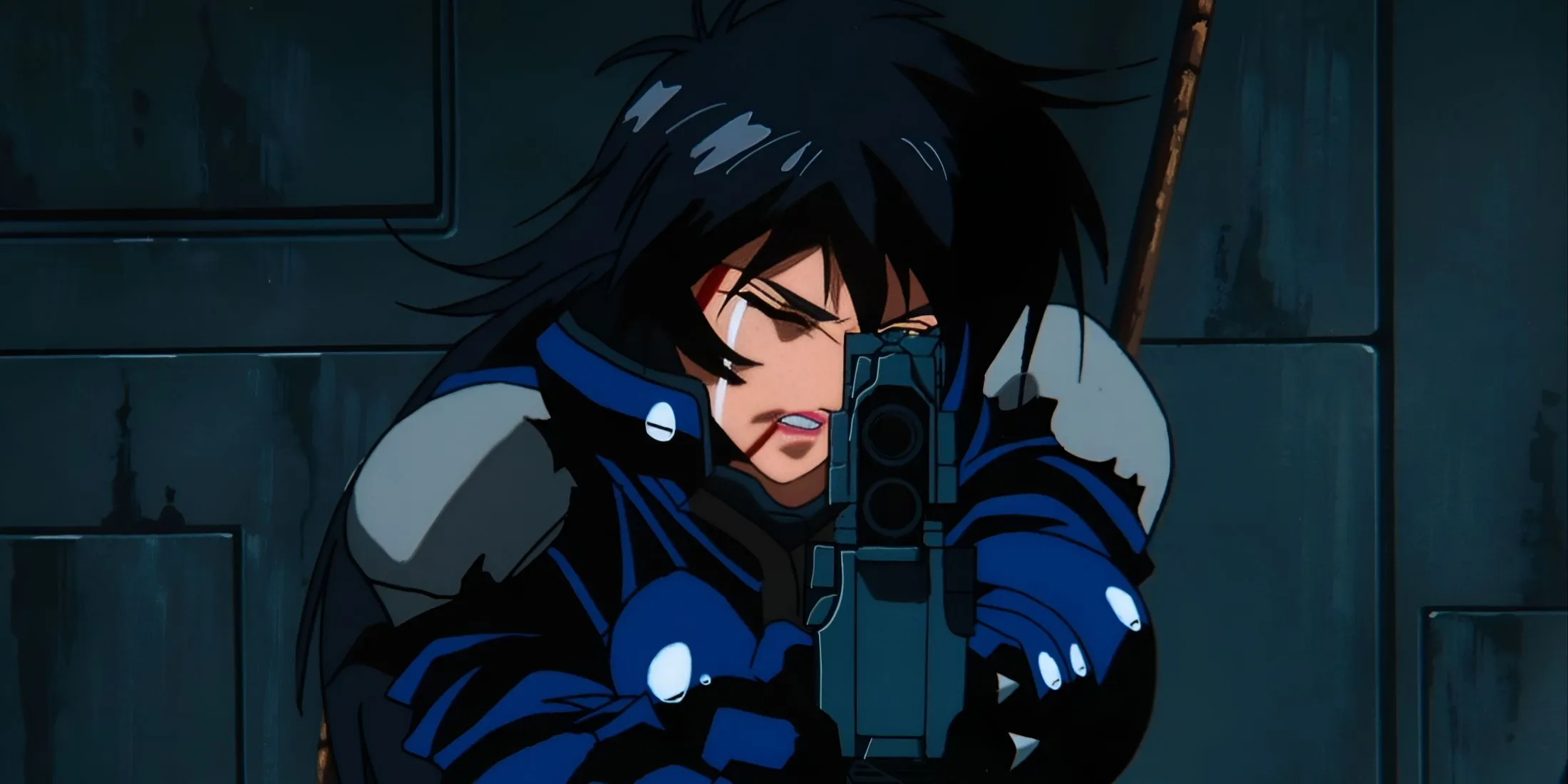 Кадр из аниме «Ангел-полицейский», персонаж с оружием