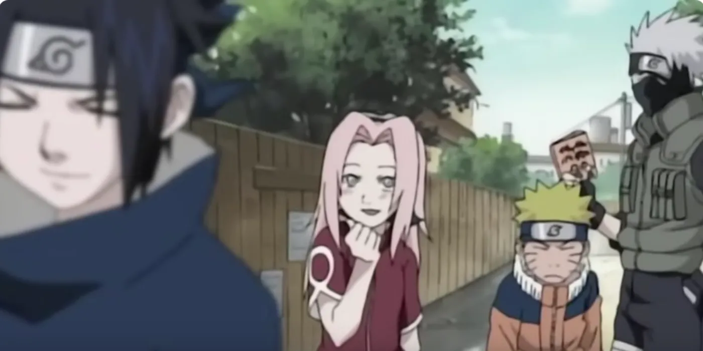 Команда 7: Саске ухмыляется, Сакура смотрит на него, Наруто хмурится, Какаси читает книгу