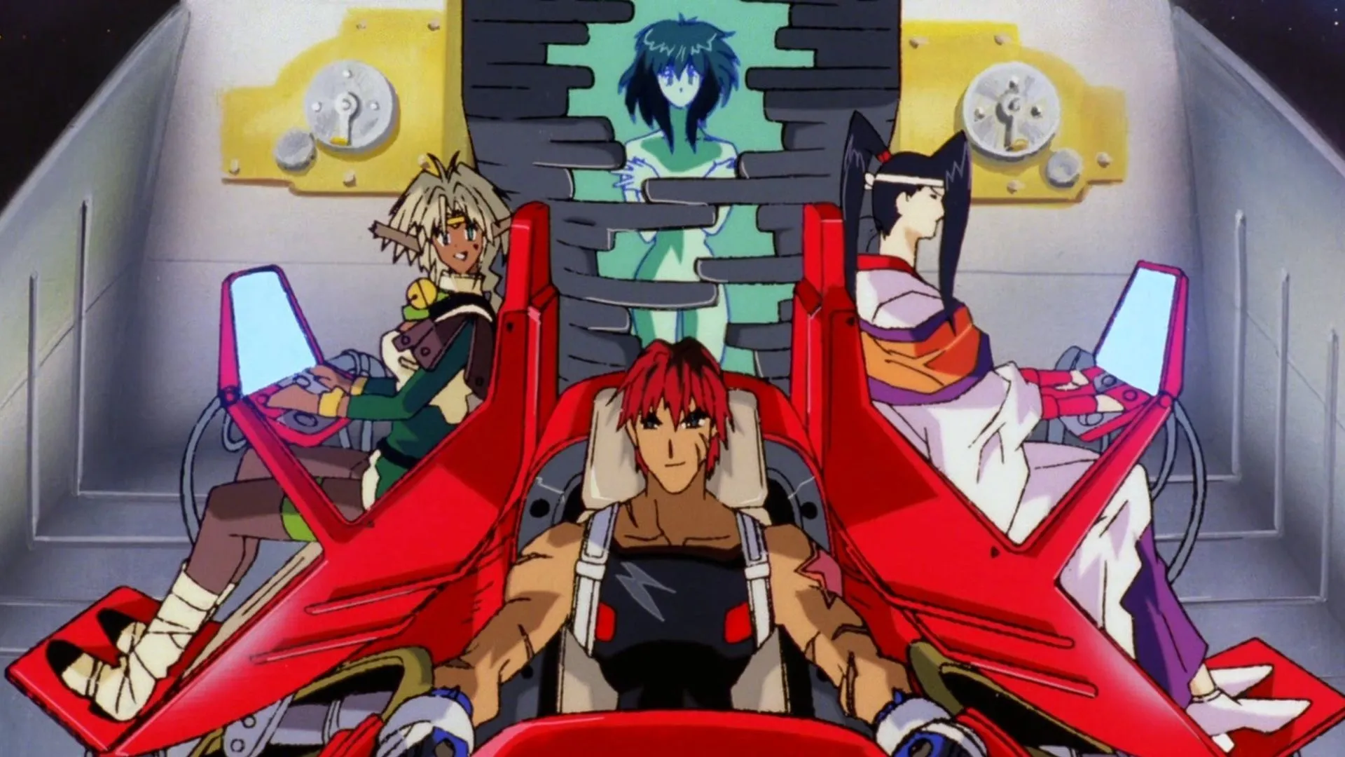 Джин Старвинд, Аиша, Мелфина и Сузука в кабине «Outlaw Star»