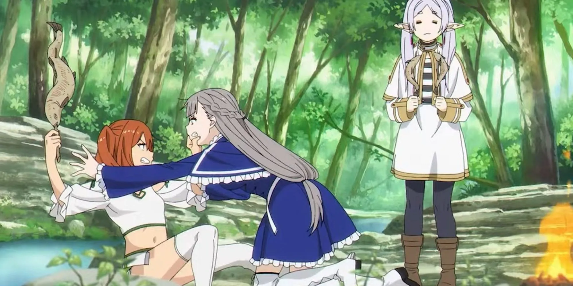 Фрирен наблюдает за ссорой Лавине и Канне из-за рыбы