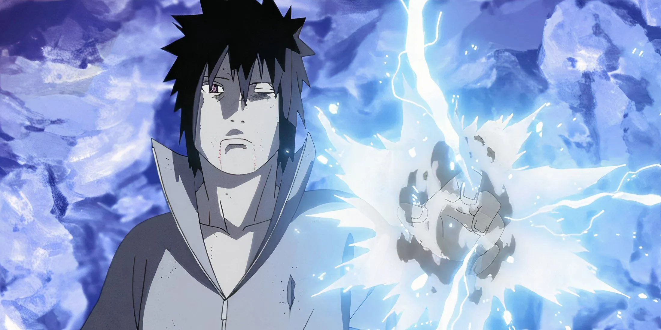 Саске с чидори, обёрнутым в чёрное пламя Кагуцути