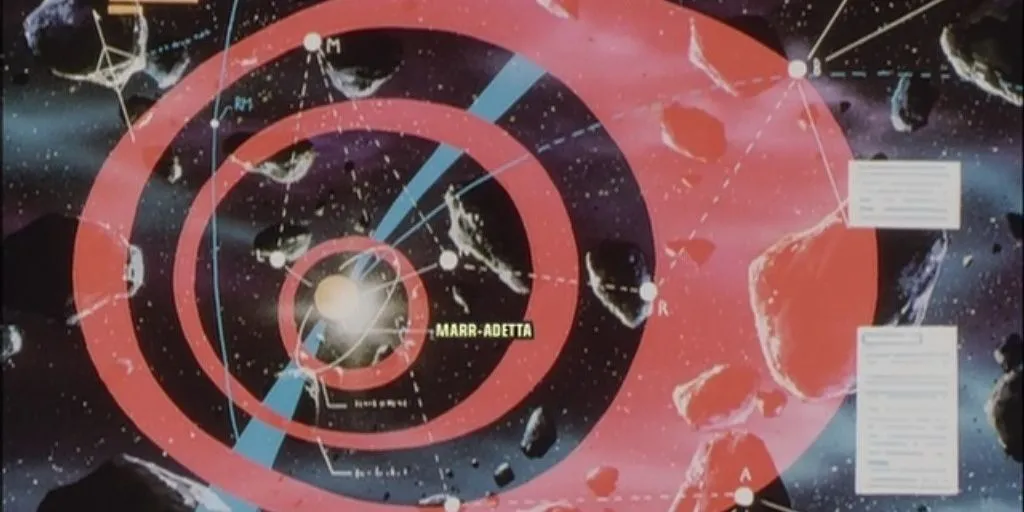 Кадр из аниме «Легенда о героях Галактики», тактическая карта битвы при Марр-Адетте