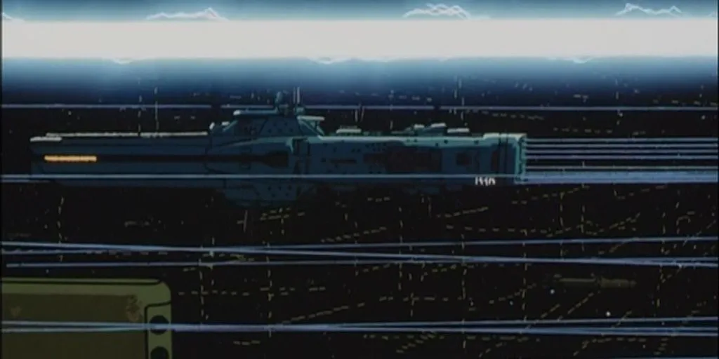 Кадр из аниме «Легенда о героях Галактики», обстрел в Изерлонском коридоре