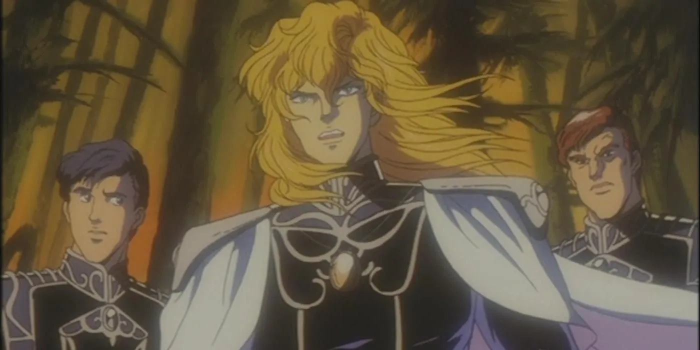 Кадр из аниме «Легенда о героях Галактики», Райнхард бросает вызов убийцам