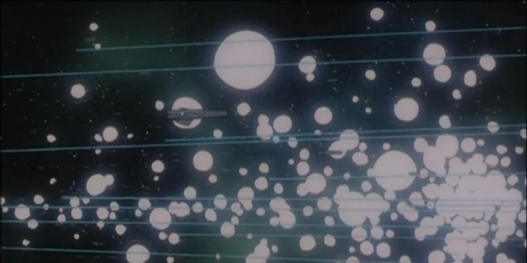 Кадр из аниме «Легенда о героях Галактики», массированный обстрел в коридоре