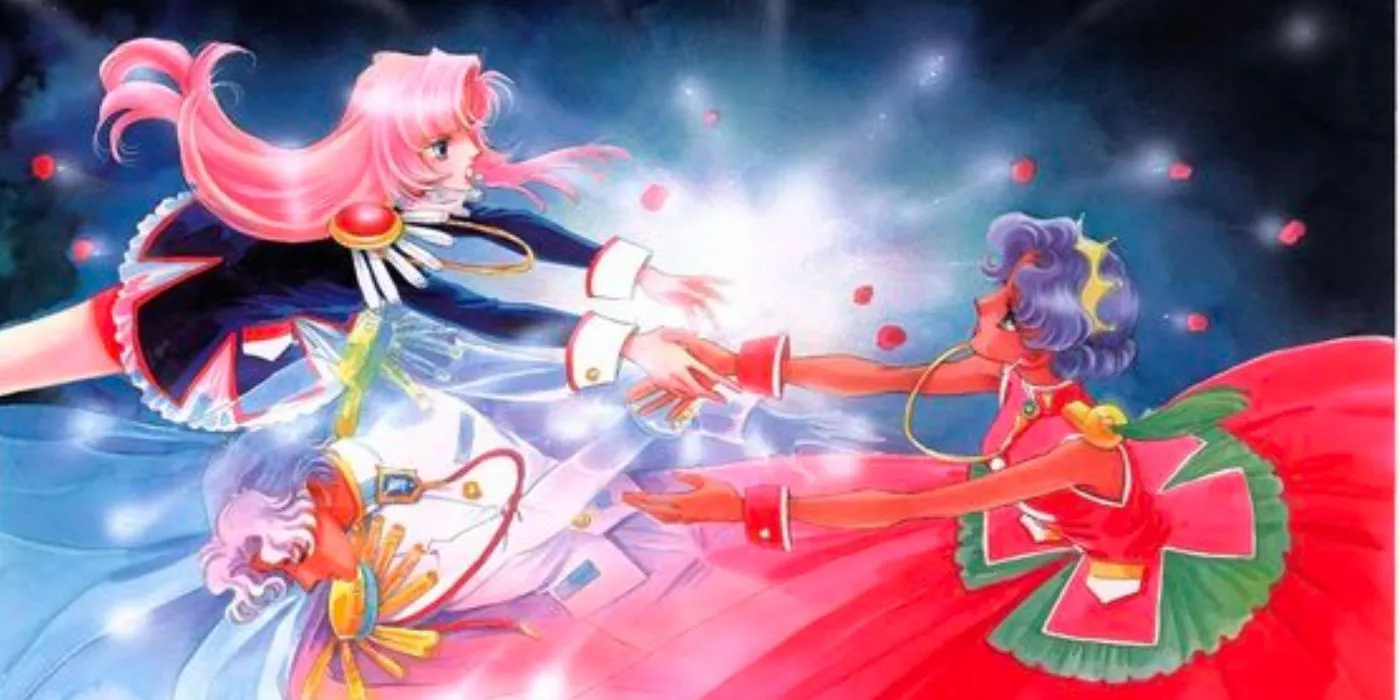 Арт манги «Утэна» от Тихо Сайто: Анти и Утэна тянутся друг к другу, а на фоне проступает силуэт Акио