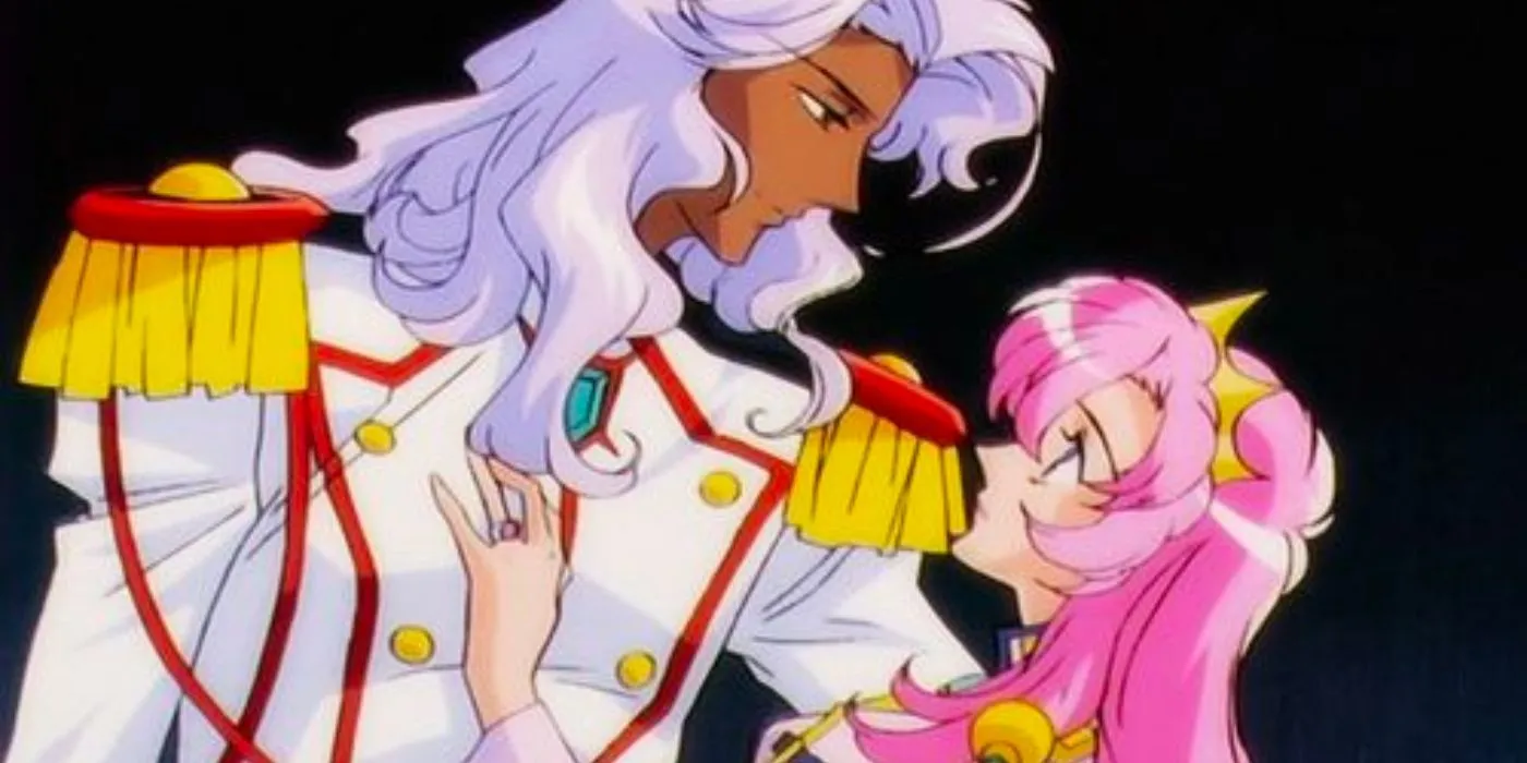 Официальный арт аниме «Утэна»: принц Акио и Утэна в платье принцессы вместо привычной военной формы