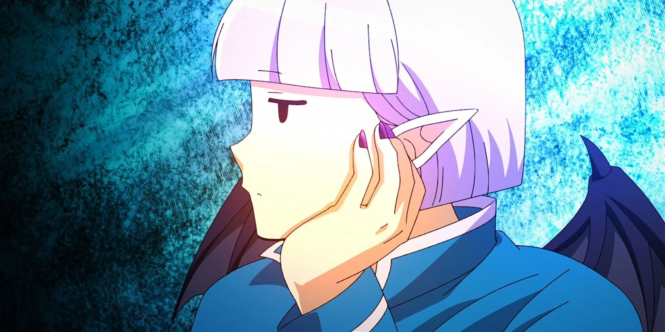 Пурсон Сой из аниме «Добро пожаловать в ад, Ирума!» задумчиво подпирает щёку