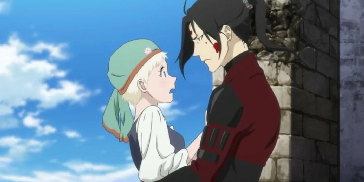 Окровавленный Юкимару держит на руках удивлённую Фену из аниме «Фена: Принцесса пиратов»