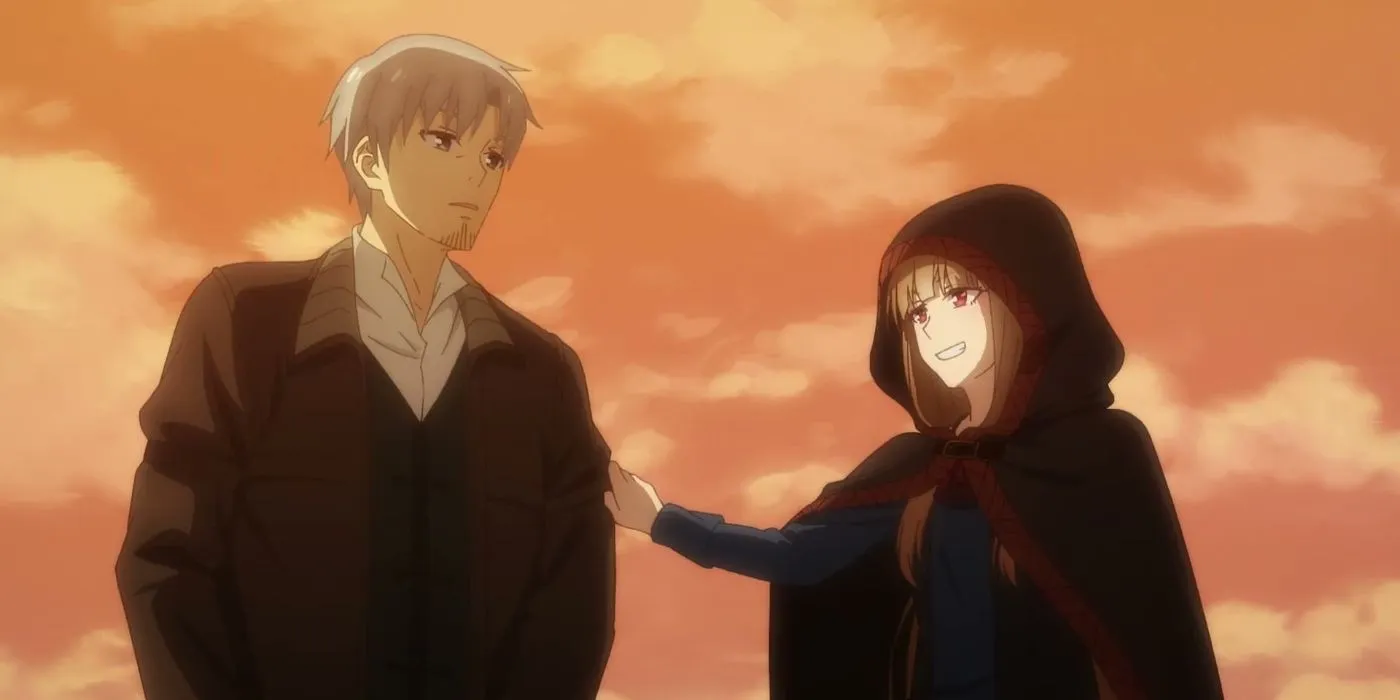 Хоро кладёт руку на плечо Лоуренса в аниме «Волчица и пряности»