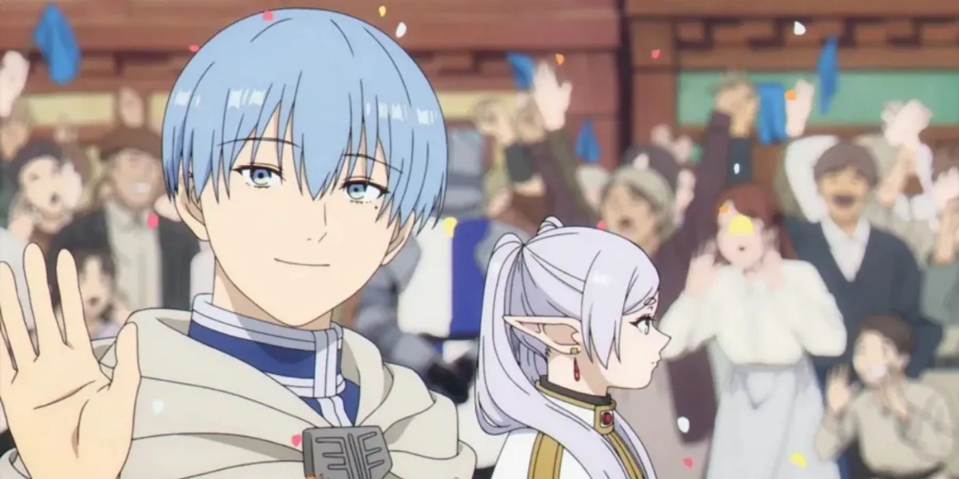 Химмель улыбается и машет толпе в аниме «Провожающая в последний путь Фрирен»