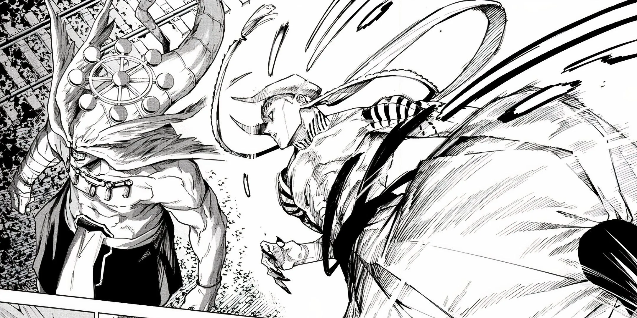 Махорага стоит неподвижно под ударом Дабуры в JJK Modulo